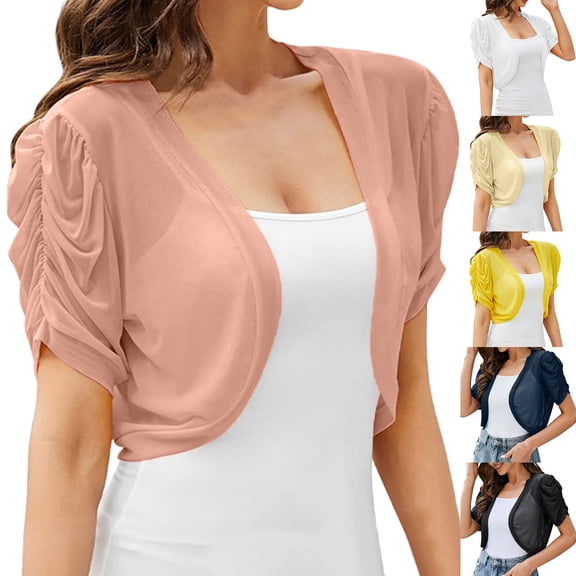 jiaxiM Cropped Cardigan for Women Casual Short Sleeve Bolero Pleat Cardigan Mesh Sheer Shrug Open Front Loose Coat