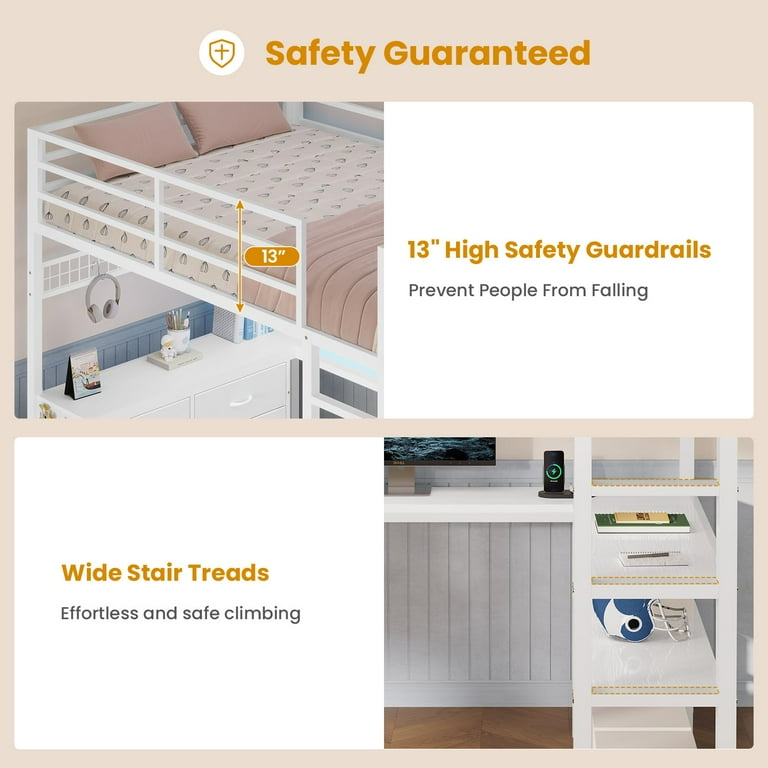 Afuhokles Full Loft Bed with U-Shaped Desk, Drawers and Shelves, White photo 7