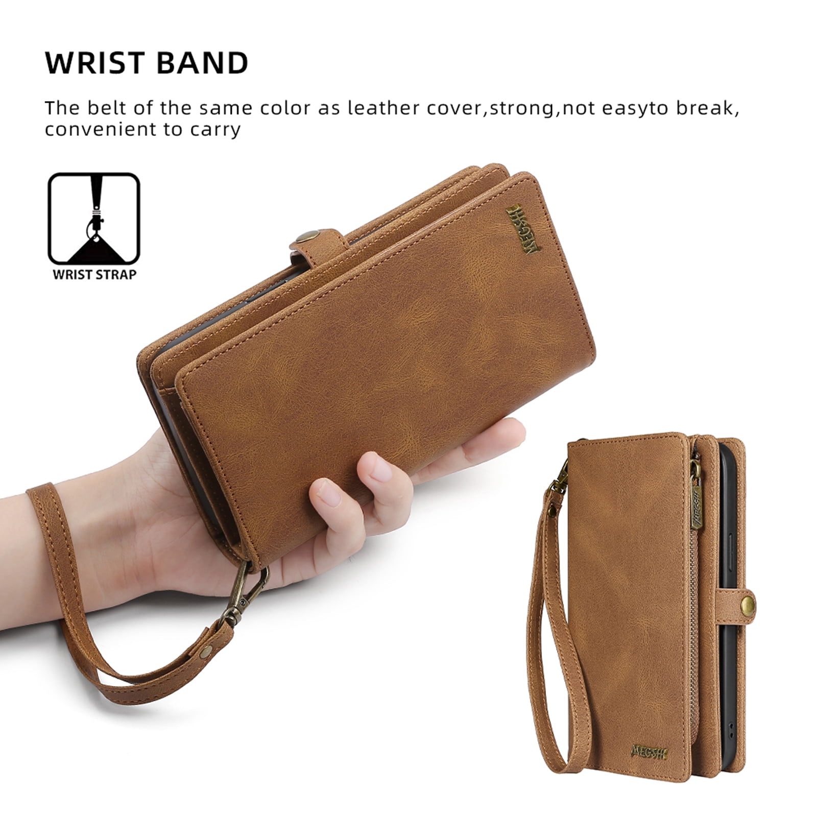 Defencase for Google Pixel 7 Pro Case for Women Men, Removable Durable PU Leather Magnetic Flip Strap Wristlet Zipper Purse Card Holder Detachable Wallet Phone Cases for Google Pixel 7 Pro, Brown