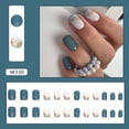 thumbnail image 2 of Uñas postizas cortas cuadradas de presión, color azul claro degradado con purpurina dorada, color nude, reutilizables., 2 of 5