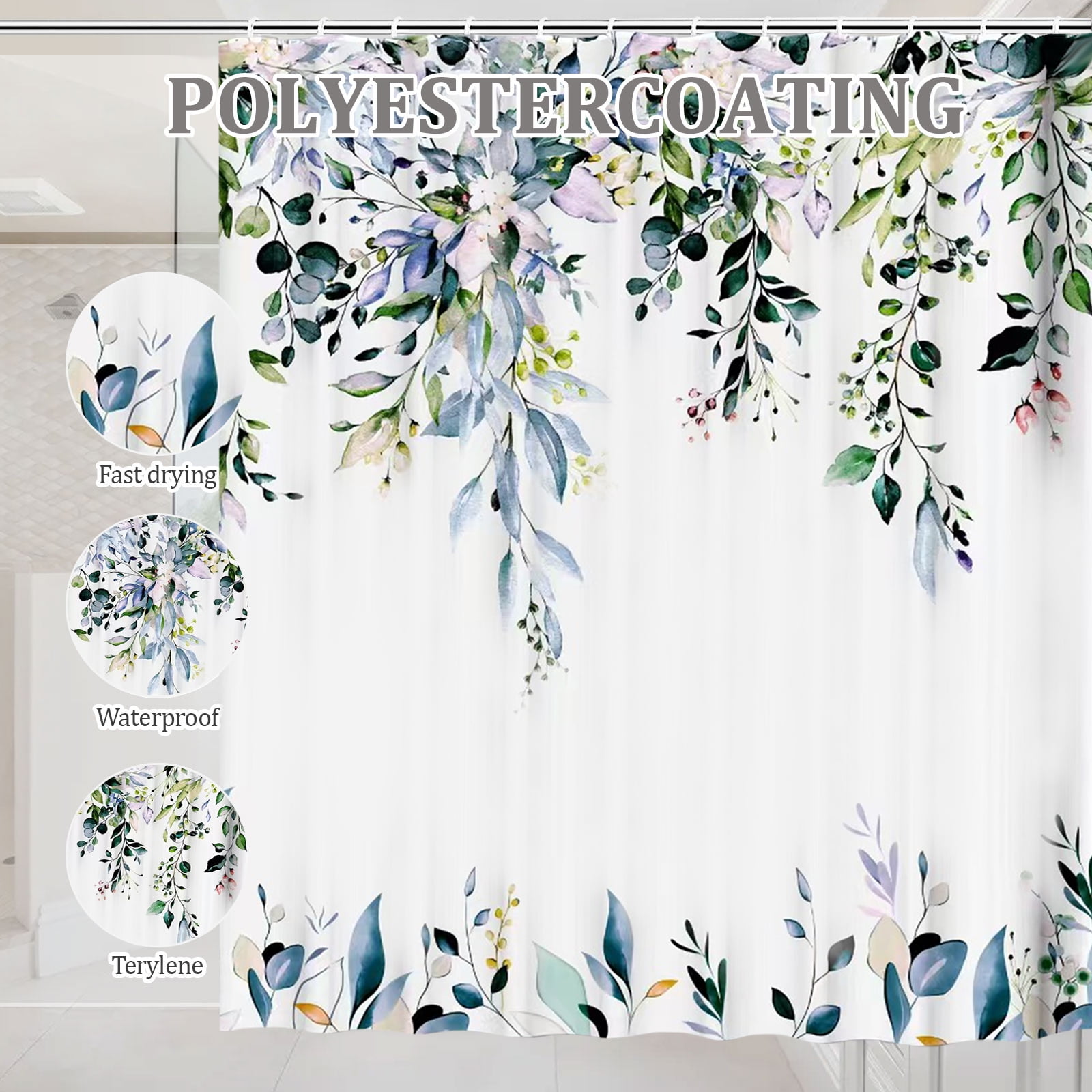 Dznils Blue Green Eucalyptus Fabric Shower Curtain, Watercolor Floral Pattern with Hooks, 72" x 72"