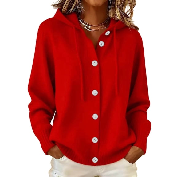 Kezqiaxn Cardigan Sweaters for Women Hooded Knit Long Sleeve Button Down Loose Casual Cardigans Plus Size Fashion Red XL