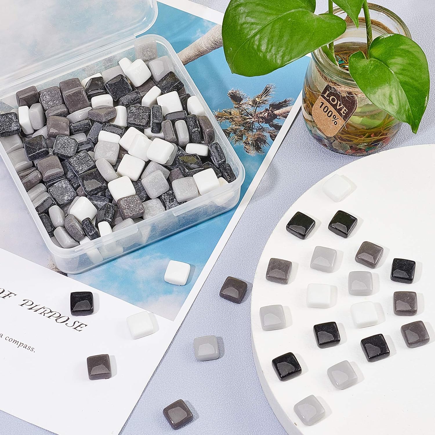 PH 190 pcs 12mm(0.47 Inch) Square Glass Mirror Tiles Mini Glass Decorative Mosaic Tiles for Home Decoration Crafts Jewelry Making Black/White/Gray Mixed Color