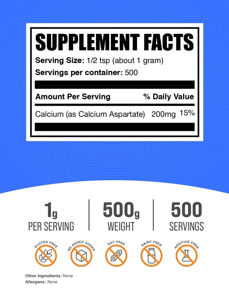 BulkSupplements Calcium Aspartate Powder - 500 Grams (1.1 lbs)