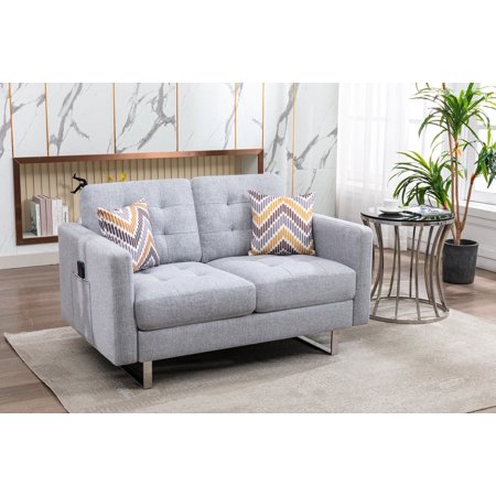 Victoria 53.5" Light Gray Linen Fabric Loveseat with Metal Legs, Side Pockets, and Pillows