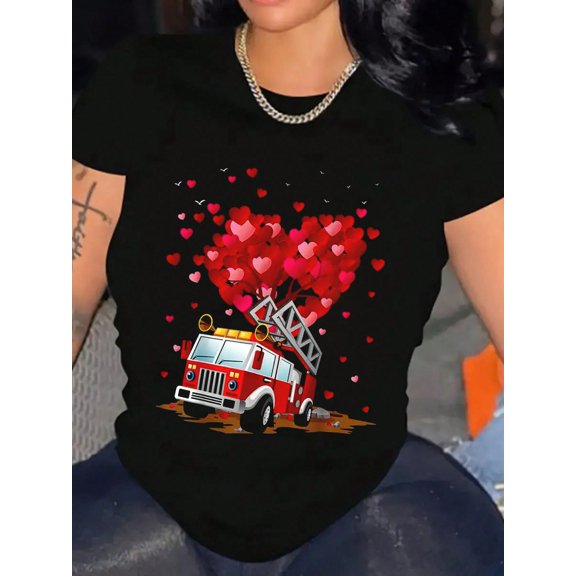 Women's Fire Truck Heart Graphic Print Tee Casual Short Sleeve Shirt Breathable For Everyday Wear