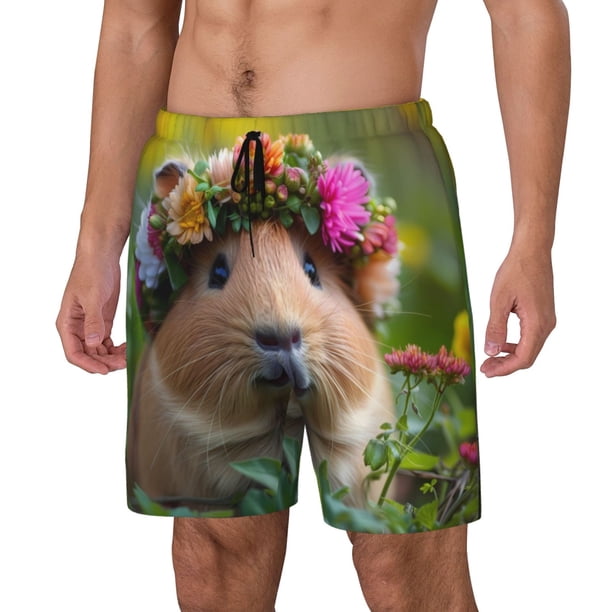 Fotbe Flower Crown Guinea Pig Traje de Baño para Hombre – Shorts de Natación de Secado Rápido con Forro y Bolsillos-Large