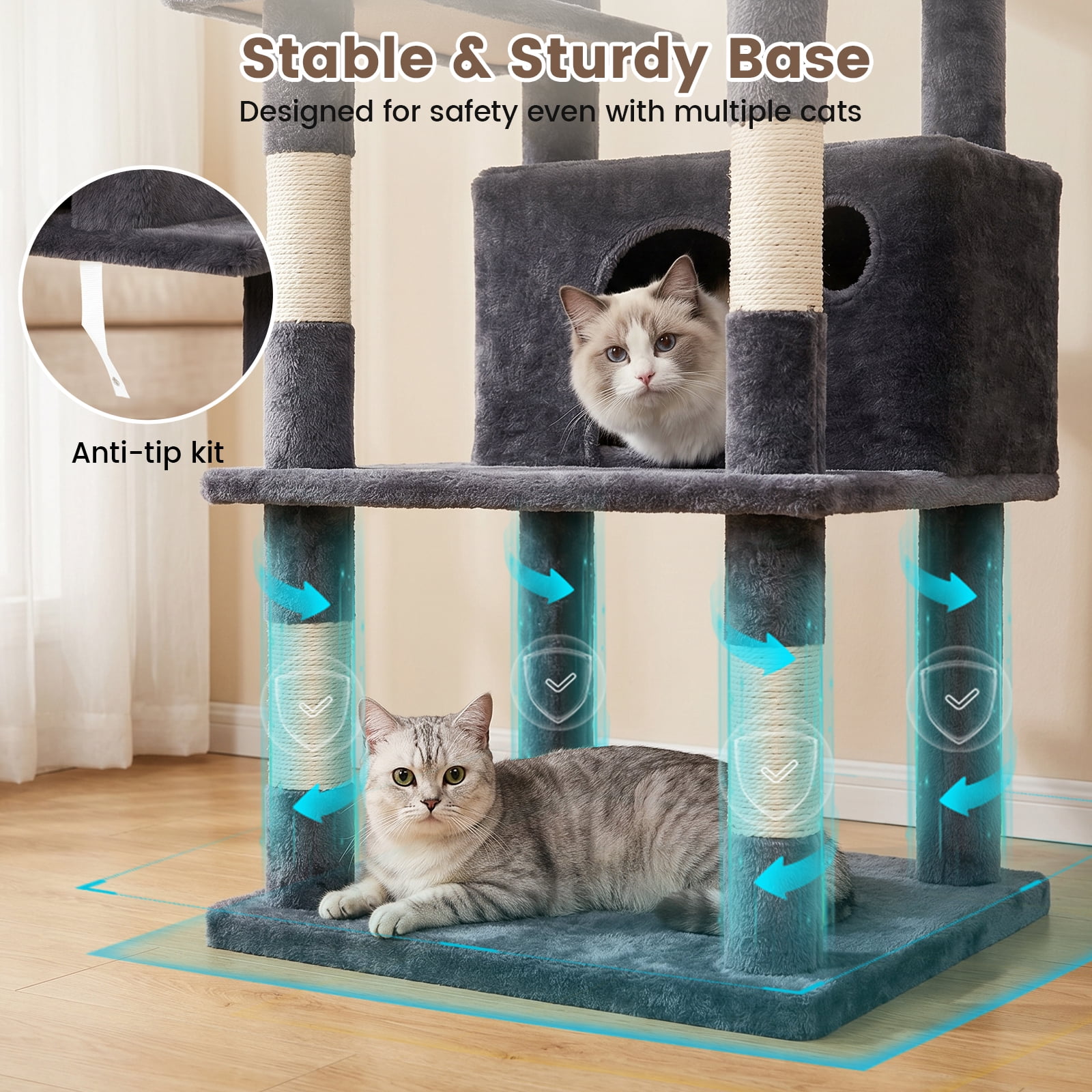 CATGOOD 81" Cat Tower, Big Cat Tree for Multiple Adult Cats, Multi-Level Tall Cat Tree with 2 Platforms, 2 Condos, 2 Hanging Basket, Hammock and Scratching Post for Indoor Kitties, Light Grey