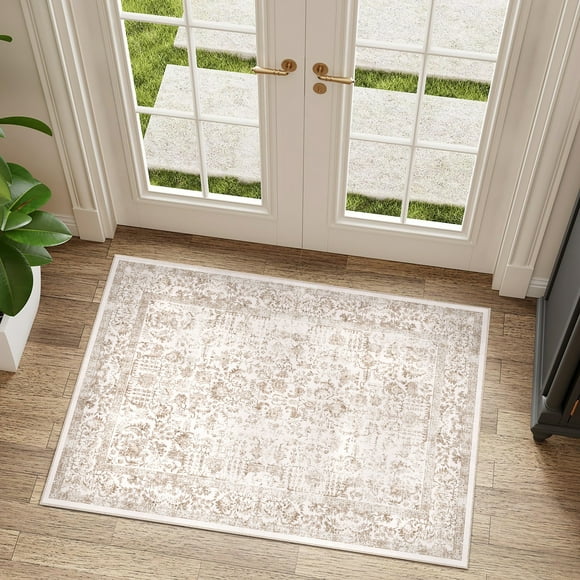 BERTHMEER Tapis de Petite Taille 2'x3' pour Entrée, Seuil de Porte, Chambre, Cuisine, Dortoir, Vintage, Antidérapants, Lavables, Orientaux Traditionnels, Brun