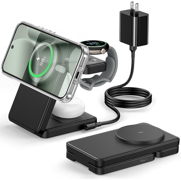 Foldable 3 in 1 Magnetic Charging Station for Google Pixel Watch 3/2 (Not for Watch 4/1), 15W Fast Wireless Charger Compatible with MagSafe Charger Stand for Pixel 10/10 Pro/XL/9/8/7/6 Pro & Buds