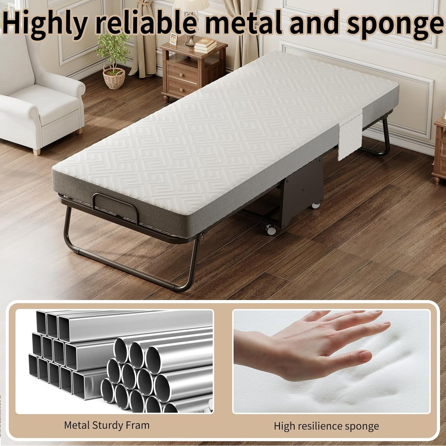 Folding Bed with Mattress - 75"x31"Twin Size Frame - Portable Rollaway Guest Bed with 5-inch Memory Foam Mattress - Space-Saving Foldable Design for Easy Storage (75"×31")