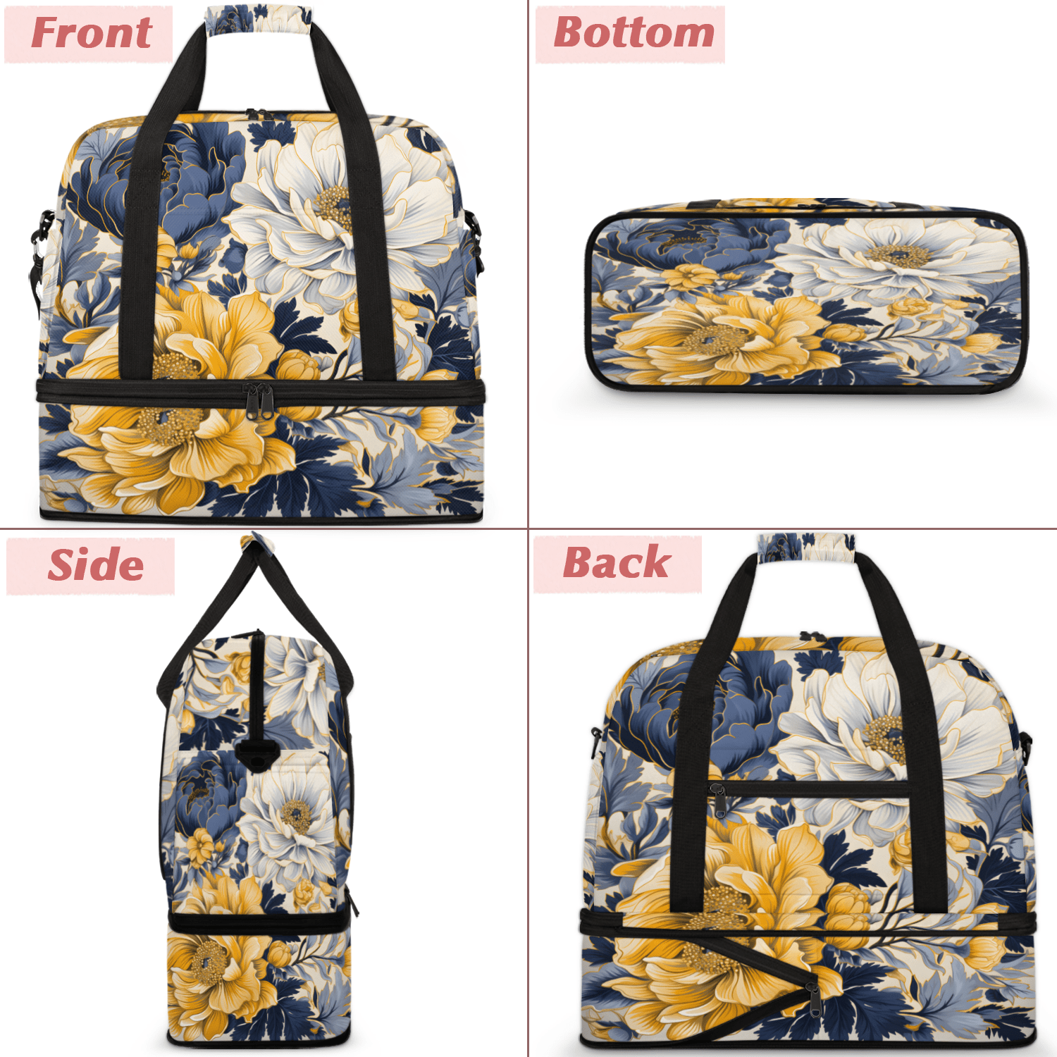 Herdesigns Navy Blue Floral Foldable Travel Duffle Bag for Women and Men Lightweight Carry On Overnight Bag Yellow Flowers Gym Luggage Weekender Bags with Shoe Compartment
