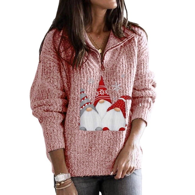 Pull pour Femmes, Pull d'Hiver à Col en V, Imprimé Père Noël, Fermeture Éclair, Manches Longues, Tricoté