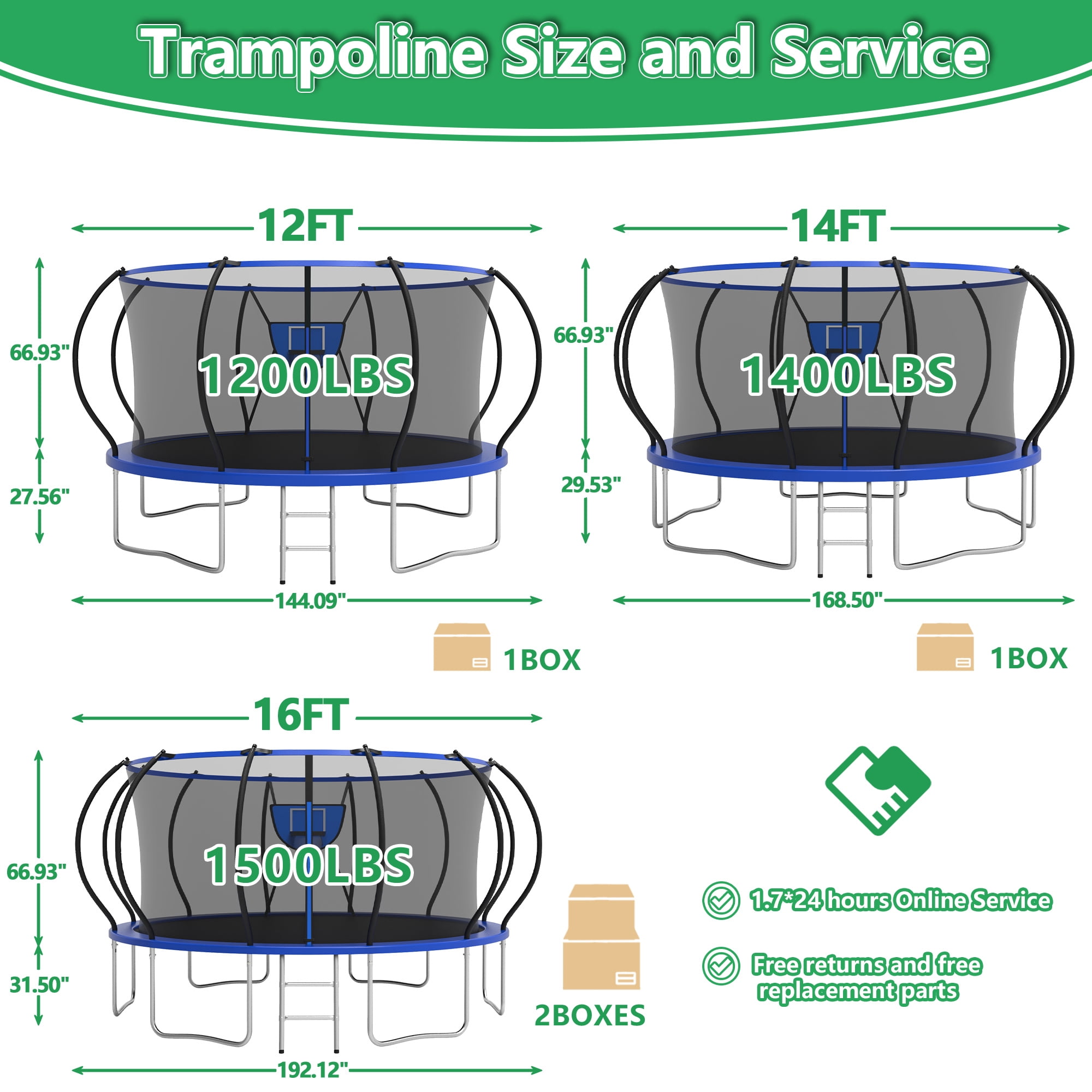 LHX Trampoline for Kids 12FT 14FT 16FT Outdoor Trampolines with Basketball Hoop, Safety Enclosure Net, Ladder, Backyard Recreational Heavy Duty Trampoline for Adult, 1200 LBS Loading, Easy to Install
