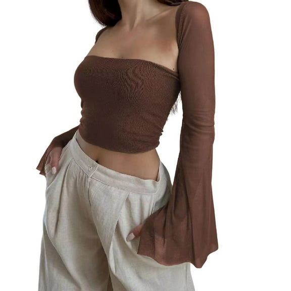 Plus Size Women's Solid Bra Crop Top Vest Mesh Flare Long Sleeve Short Cardigan Sets Comfortable Stylish Casual Outfit