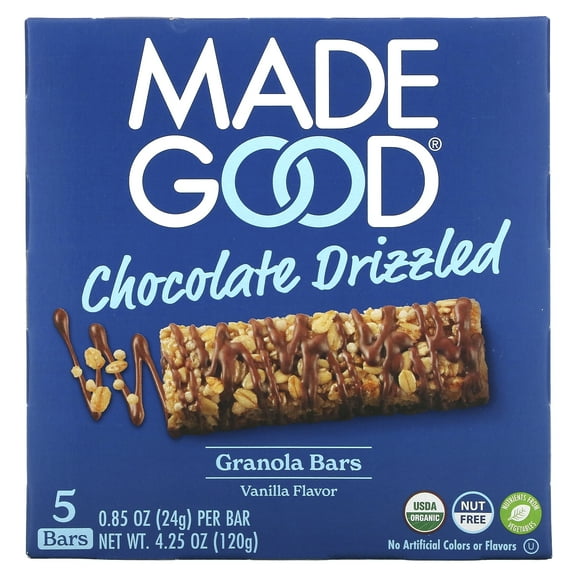 MadeGood Granola Bars, Chocolate Drizzled, Vanilla, 5 Bars, 0.85 oz (24 g) Each