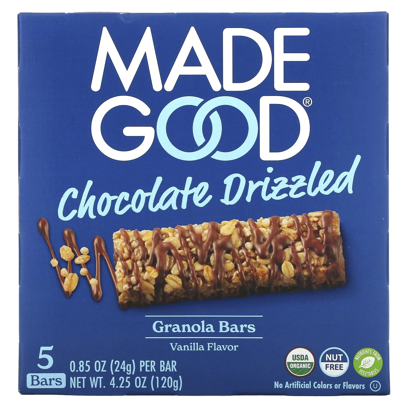 MadeGood Organic Drizzled Granola Bars, Vanilla, 5 Bars, 0.85 oz (24 g) Each