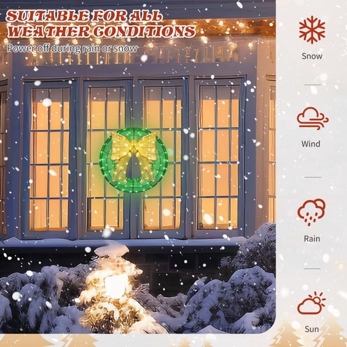 Alvantor 24 in Pre-Lit Christmas Wreath with 200 Green and Warm White LED Lights, Golden Bow and Weather-Resistant Metal Frame