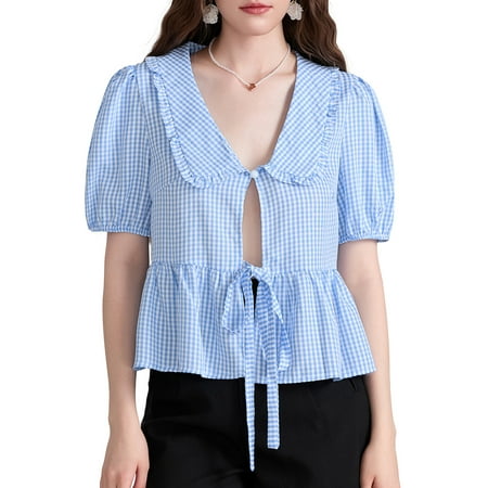 Fullvigor Women Plaid Bow Tie Front Shirt Top Y2K Peplum Ruffle Babydoll Blouse Lace Up Going Out Top