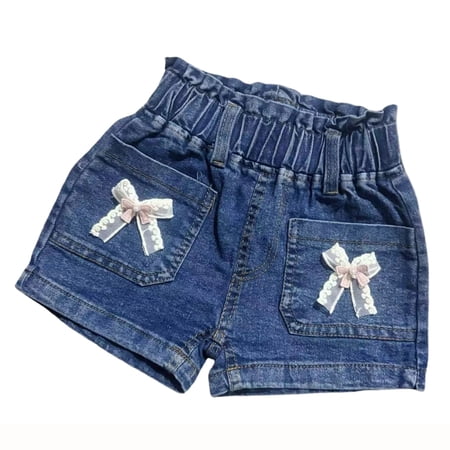 JIAYUE Girls Jean Shorts Bow Elastic Waist Denim Loose Casual Summer For Toddlers Teens Play Children Fashion Bottoms