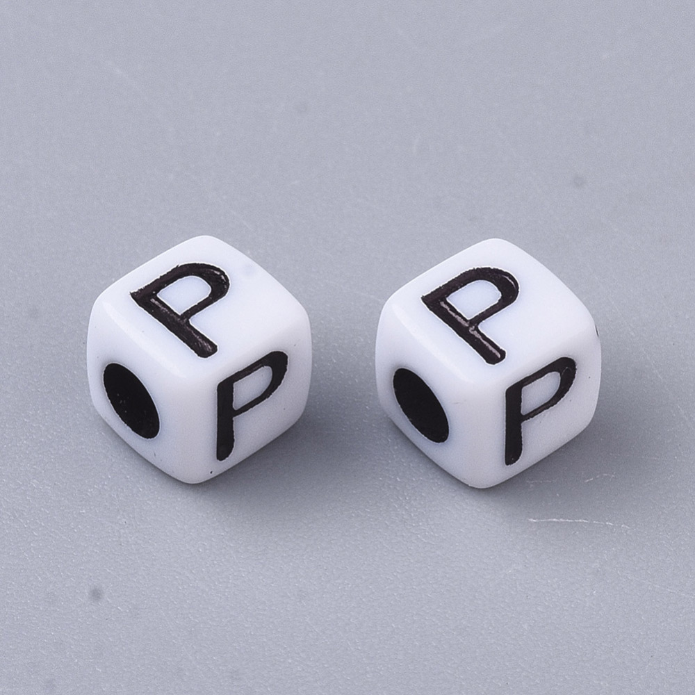 White Opaque Acrylic Beads Horizontal Hole Cube with Black Alphabet Letter.P 4-5x4-5x4-5mm Hole: 1.8mm 6470-6500pcs/500g