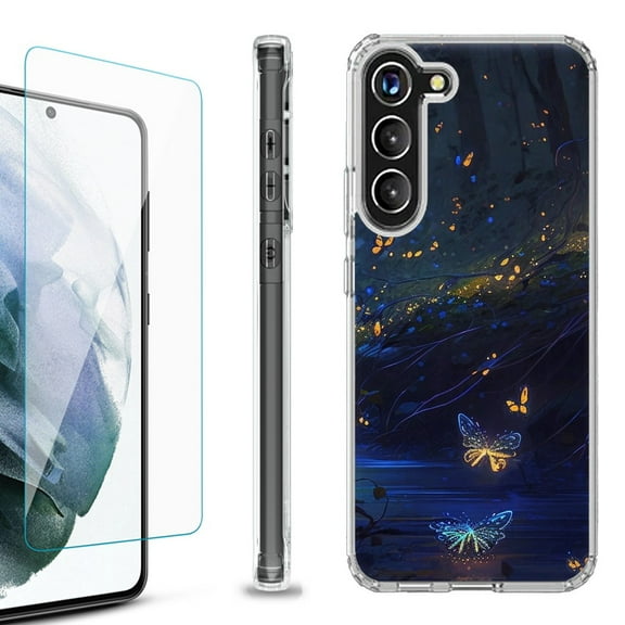 OneToughShield ® for Samsung Galaxy S23  S23 Plus 5G Shockproof Bumper Phone Case, with Tempered Glass Screen Protector - Fireflies Butterfly
