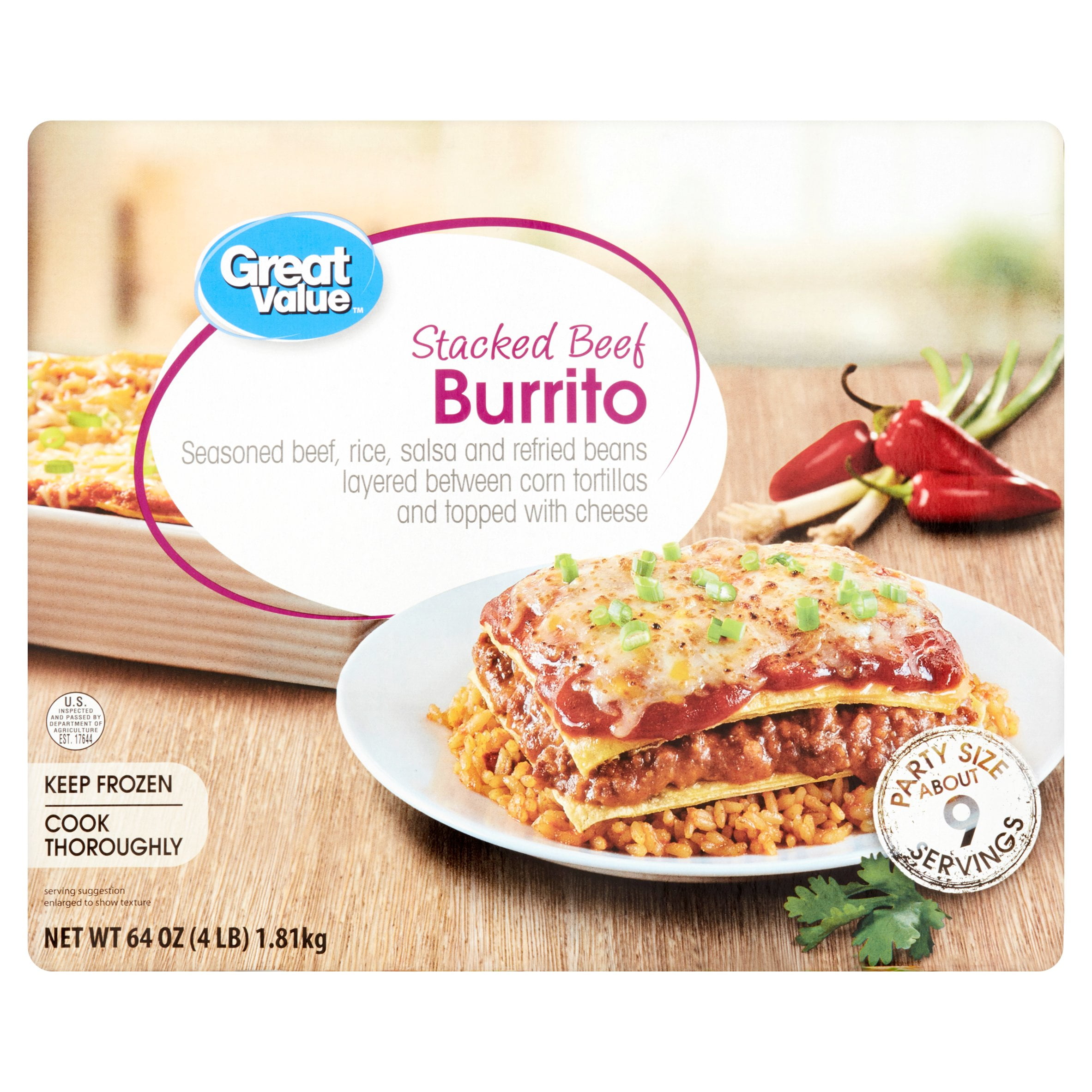 Great Value Frozen Stacked Beef Burrito, Party Size, 64 oz