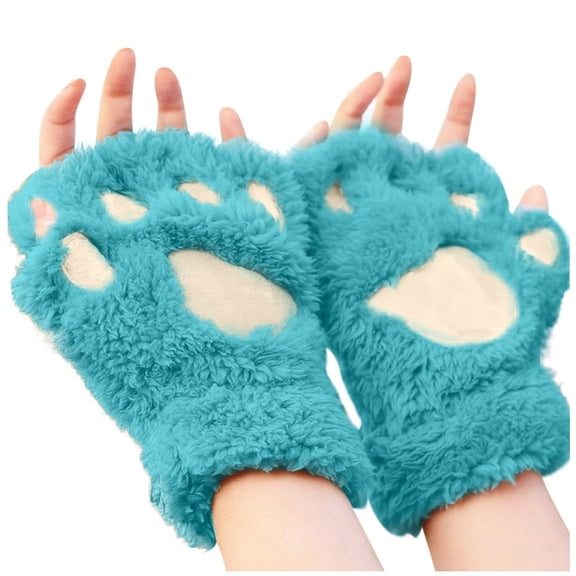 Ediodpoh Cats Gloves Half Finger Bears Fingerless Cute Women Thick Cartoon Warm for Winter Blue