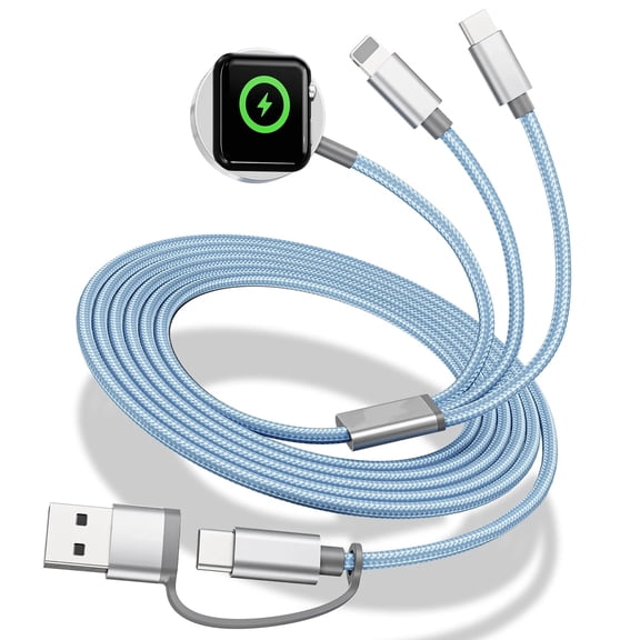 3-in-2 Watch Charging Cable Compatible with Watch Ultra/SE/Series 10/9/8/7/6/5/4/3/2/1 & Phone 16/15/14/13 & Galaxy S24 - 4FT Travel Charger - Blue
