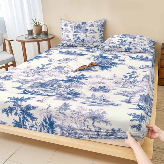 King Size Fitted Sheet Set - Blue Garden Vintage 3 Piece Bedding Sets 16" Deep Pocket Fitted Sheet with 2 Pillowcases, Modern Art Building Boat Tree Brushed Microfiber Hotel Luxury Bed Sheets