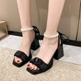 thumbnail image 2 of Xfvqtps Womens Heeled Sandals High Chunky Heels Platform Open Square Toe Ankle Pearl Strap Chiffon Lace Bow Non Slip Summer Party Dress Wedding Evening Pumps Shoes Black, 2 of 7