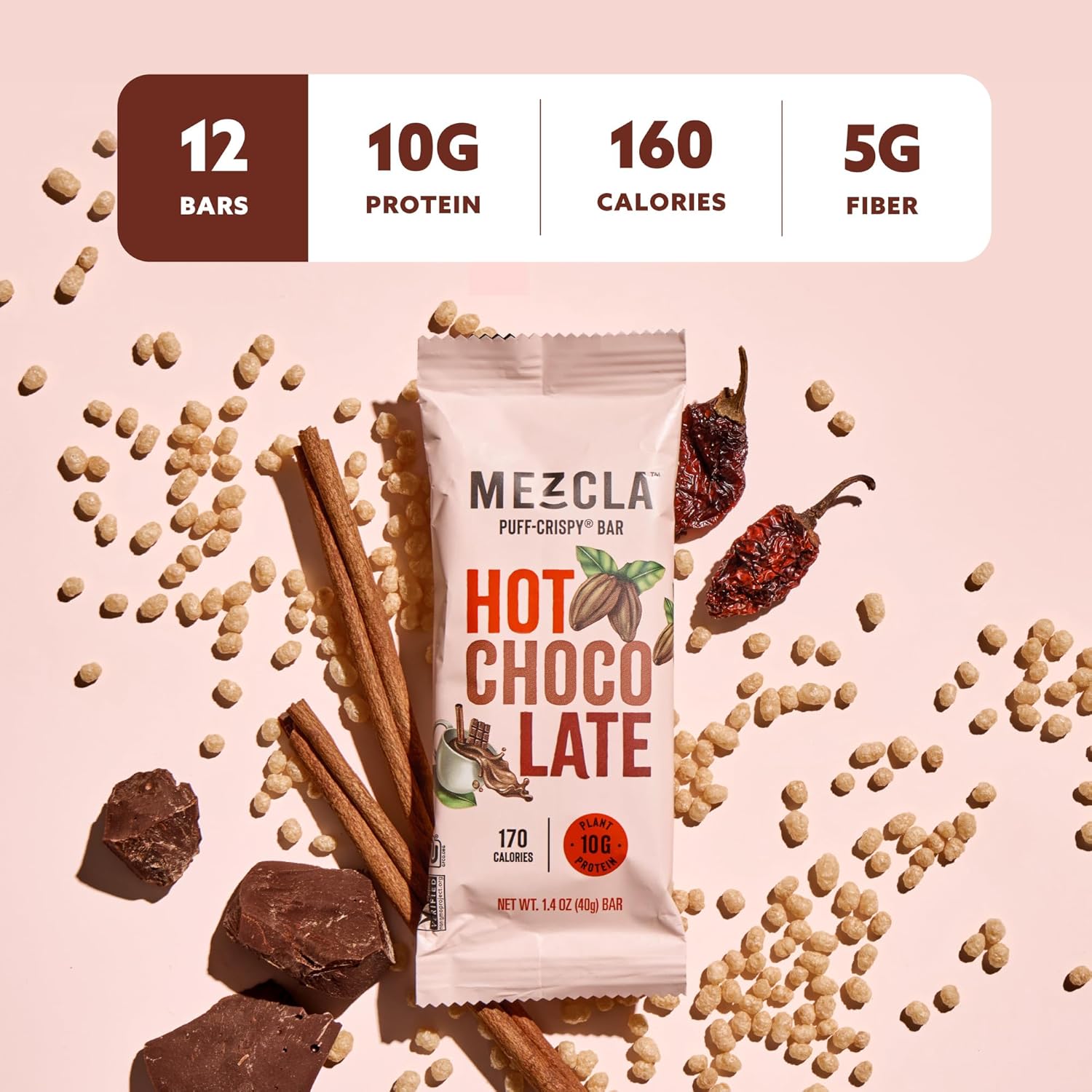 Mezcla Puff-Crispy Plant Based Protein Bars - Hot Chocolate - Healthy Snacks for Kids & Adults - Granola Bars for School, Travel, & Office Snacks - Gluten Free, Vegan, Non GMO, 10g Protein - 12 Count