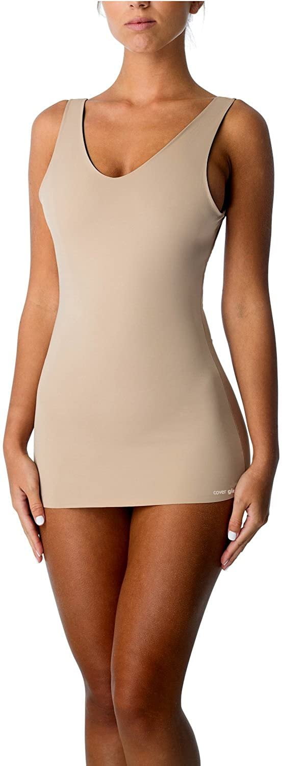 CoverGirl Shapewear 4-Way Reversible Tummy Control Tank Top Seamless  Slimming Shaping Tank (XLarge) Nude, Black 