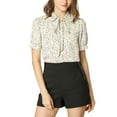 thumbnail image 1 of INSPIRE CHIC Style Blouse en Chiffon pour Femme à Imprimé Rétro, Manches Courtes, Col Peter Pan avec Nœud, L Crème Blanc à Pois, 1 of 8