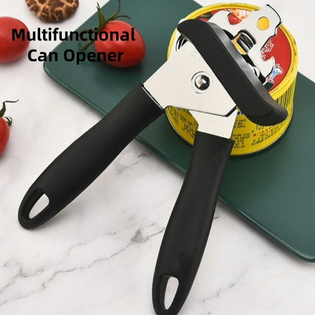 Abridor de Latas, Manual de Acero Inoxidable Resistente con Borde Liso, Abridor de Latas y Abridores de Botellas, Mango Suave y Cómodo, Perilla Giratoria de Mano de Gran Tamaño, Herramienta de Cocina Multifuncional, Negro