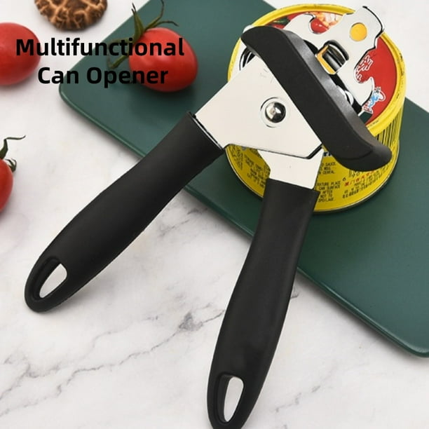 Abridor de Latas, Manual de Acero Inoxidable Resistente con Borde Liso, Abridor de Latas y Abridores de Botellas, Mango Suave y Cómodo, Perilla Giratoria de Mano de Gran Tamaño, Herramienta de Cocina Multifuncional, Negro