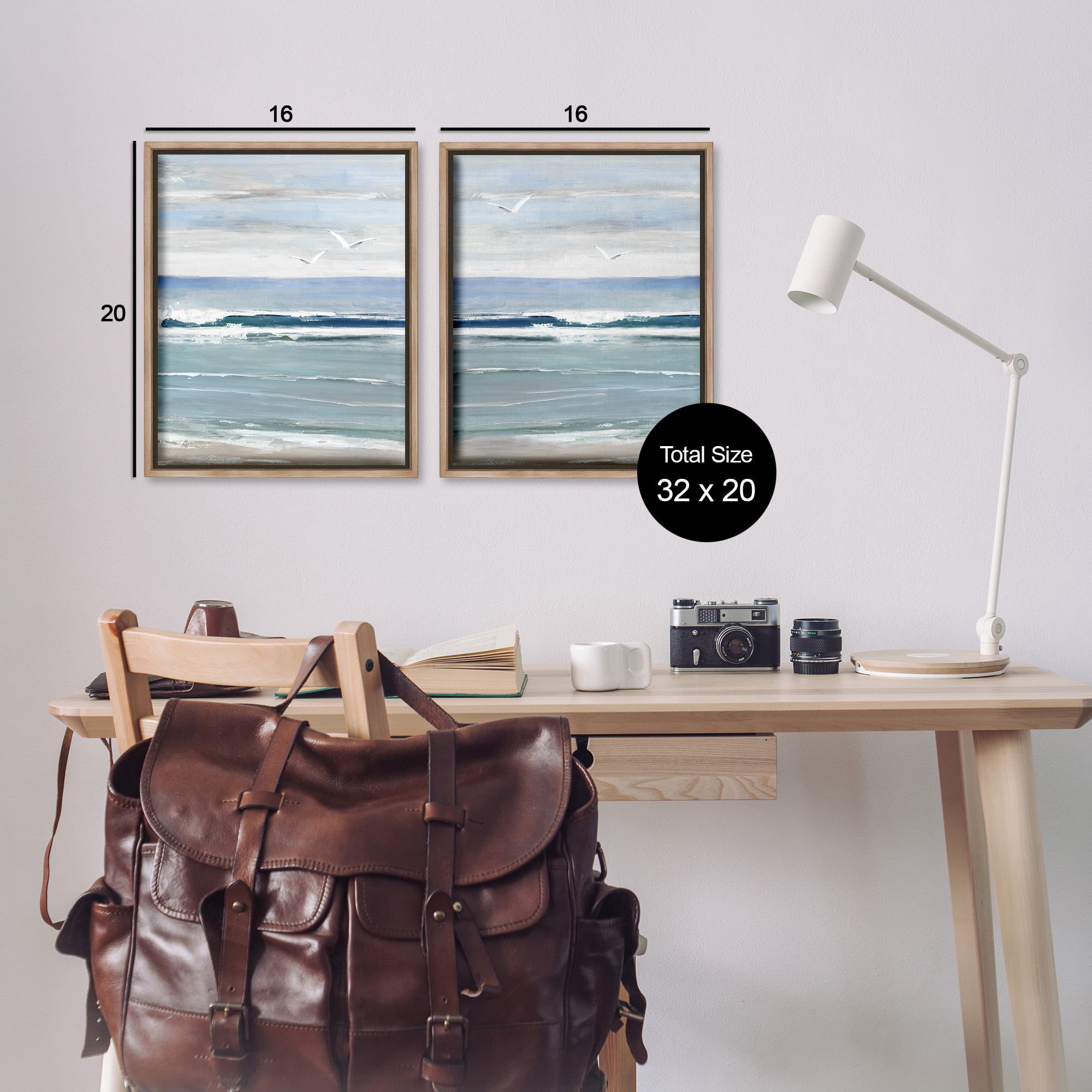 Stupell Industries Seagulls over Beach Waves Landscape Painting Brown Floater Framed Canvas Art Print Wall Art, 17 x 21, Set of 2