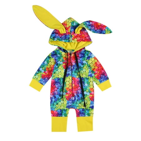 

Rabbit Ear Hood Zipper JumpsuitFluorescent Color Long Sleeve and Long Pants New Born Baby Boy Girl Colorful Bodysuit