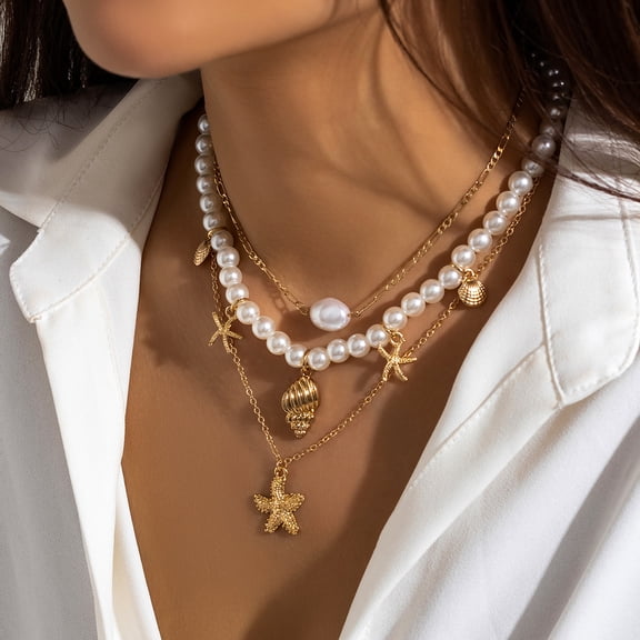 NICKSUN Boho Beach Layered Necklace, Seashell Starfish Imitation Pearl Stackable Multi Strand Choker Necklace, Vintage Ocean Vacation Women Neck Jewelry
