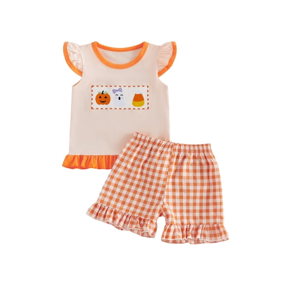 RUINIXCW Toddler Baby Girl Halloween Outfit Infant Baby Girls Summer Fall Clothes Pumpkin Ghost Embroidery Flying Sleeve T Shirt Tops and Plaid Shorts 2Pcs Set