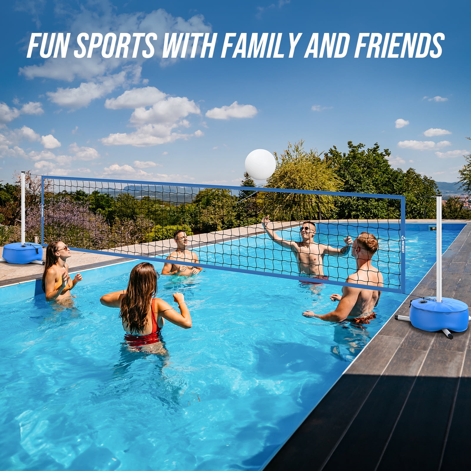 PATIASSY Pool Volleyball Net Set with Weighted Base Adjustable 15ft-32ft Length Portable Outdoor Volleyball Net System for Swimming Pools