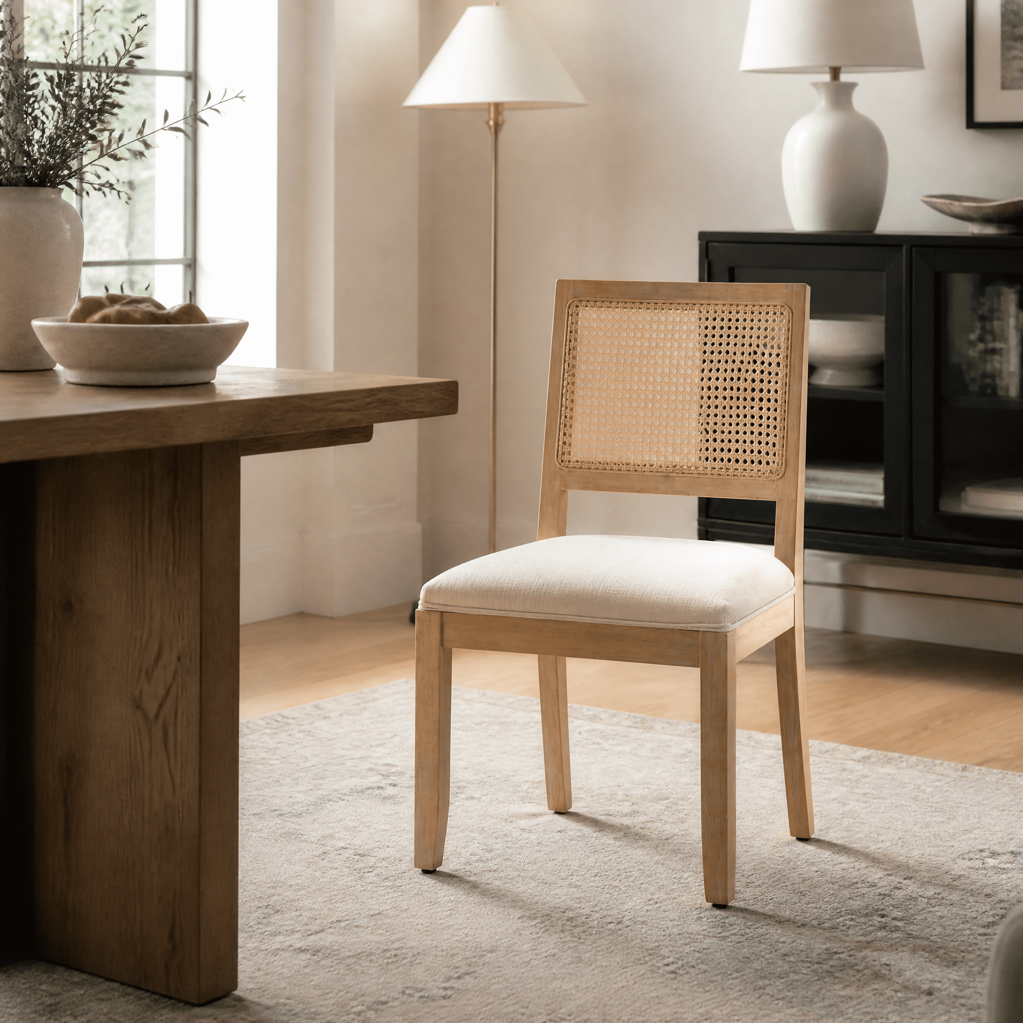 Farmhouse Rattan Dining Chairs Set of 2, Modern Kitchen & Dining Room Chairs, Cane Low Back, with Natural Solid Wood Frame, Beige