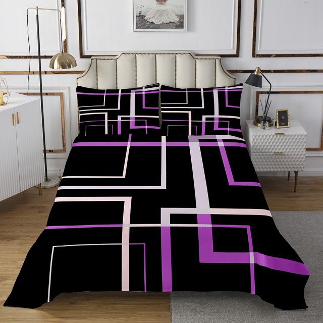YST Abstract Geometry Bedding Queen Size Rectangle Square Bedspread Set, Black and Purple Quilt Set Modern Mid Century Coverlet Set, Aesthetic Bed Set Kids Teens Room Decor