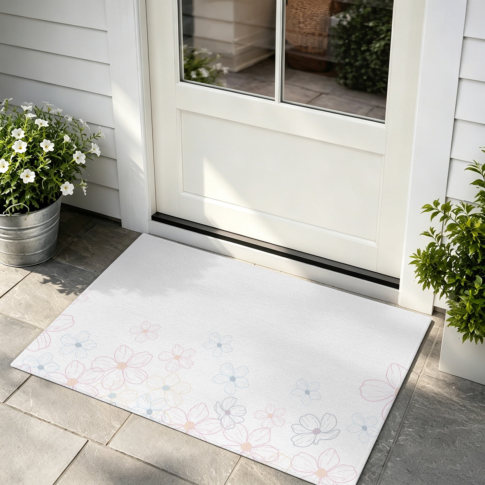 Front Door Mat Indoor Outdoor Entrance Summer Fall Flowers Low Profile Doormats Non-Slip Backing Abstract Minimalistic Ombre Botanical Plant Absorbent Welcome Mat for Entryway Hallway 16 x24