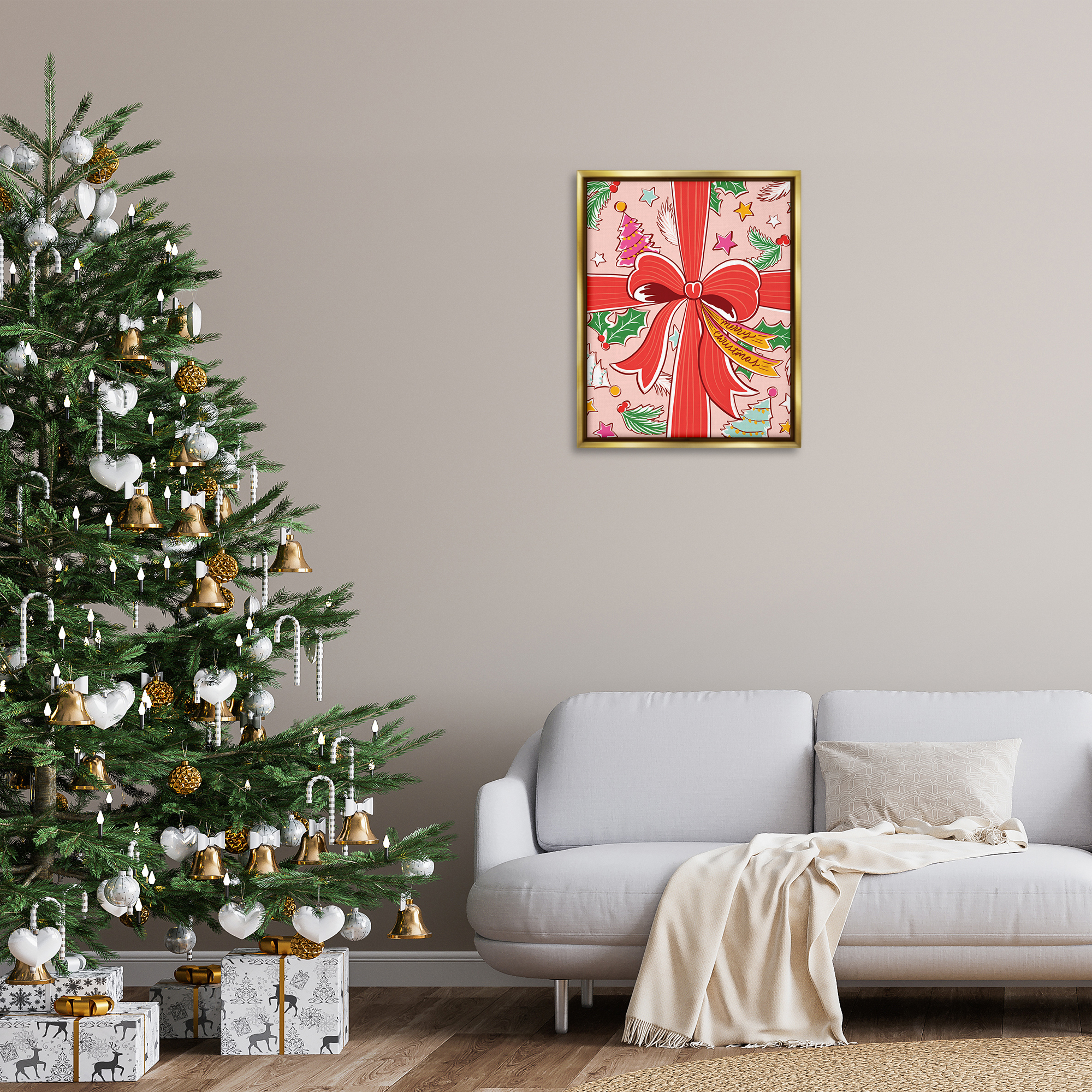 Stupell Industries Christmas Bow and Trees Holiday Painting Gold Floater Framed Canvas Art Prints Wall Art, 25 x 31
