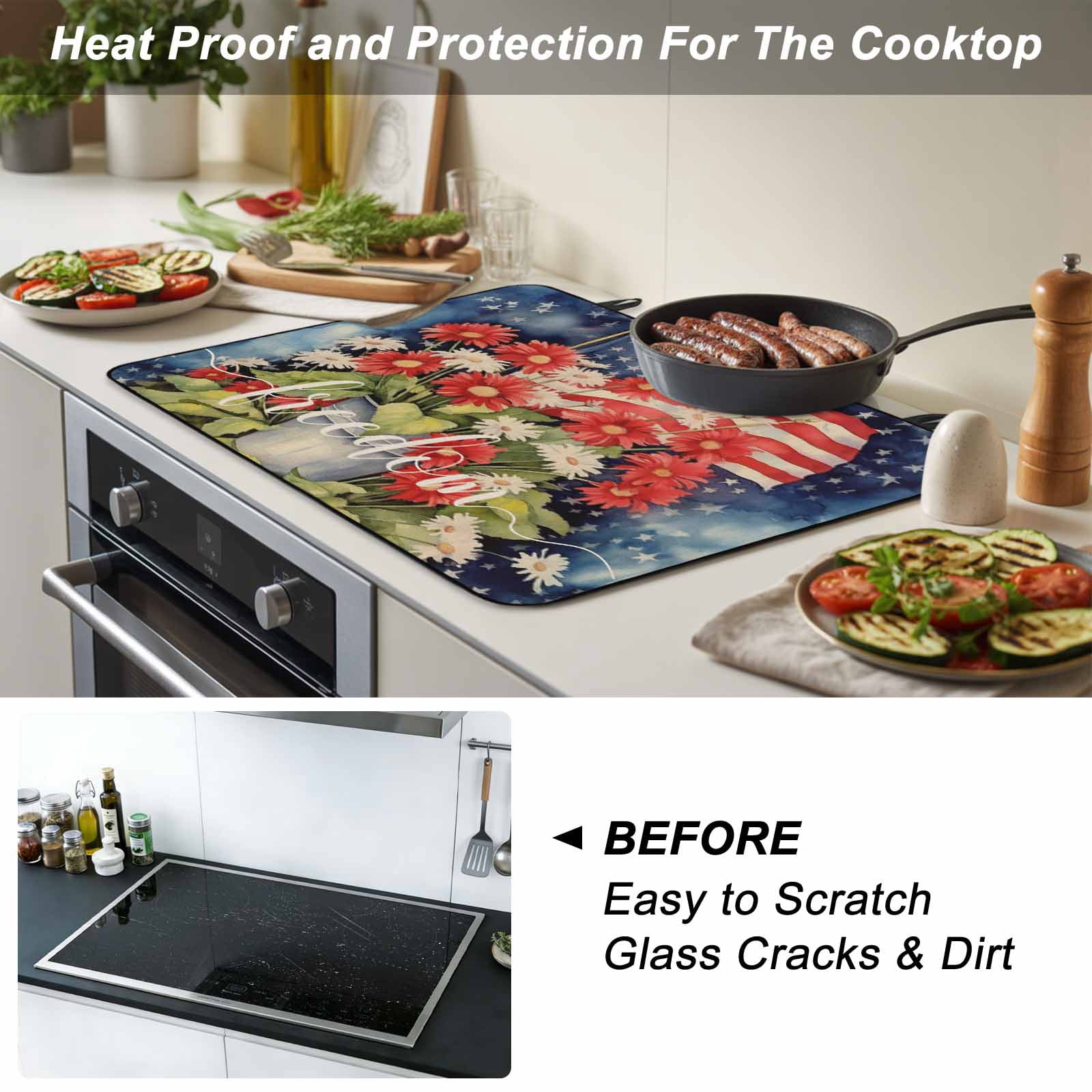 4th of July Stove Top Cover for Electric Stove, Heat-proof & Non Slip Glass Top Stove Cover Protector, Watercolor Floral Botanical American Flag Kitchen Flat Cooktop Rubber Mat 24x21 Inches