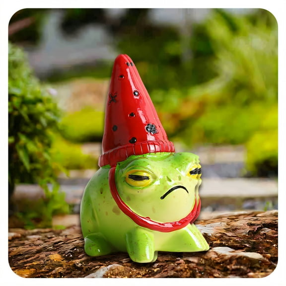 ICERUN Garden Statues,Resin Red Hat Frog Sculpture Lawn Ornaments,Realistic Green Spots Frog Garden Sculptures,Style1