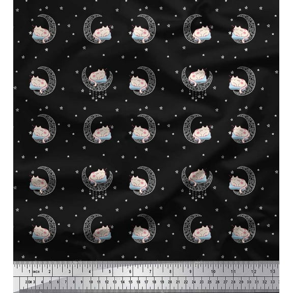 Soimoi Black Cotton Voile Fabric Cat & Moon Star Print Fabric by the Yard 42 Inch Wide