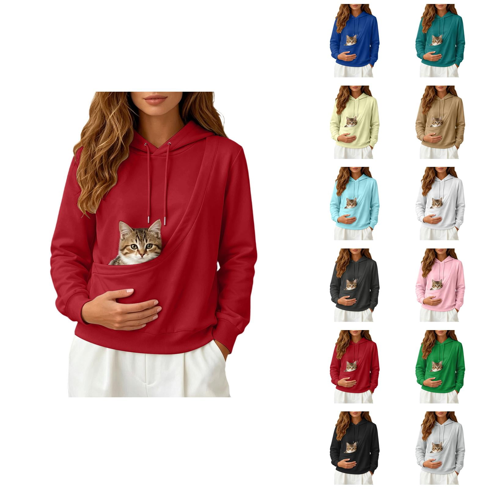 Pet Pouch Hoodie for Women Long Sleeve Loose Casual Plain Hooded Sweatshirt Pullover Small Dog Cat Carrier Hoodie