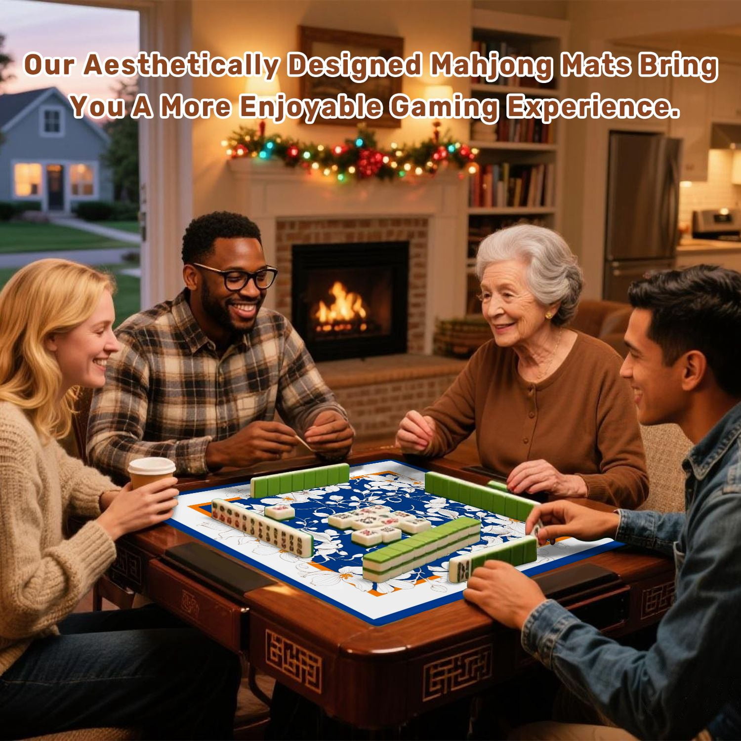 Mahjong Mat 31.5" x 31.5" White Floral Orange Accents Deep Blue Elegant Line Art Design Non-Slip Noise Reduction American Mahjong Tiles Table Cover for Dominoes Poker Card Board Games Gift